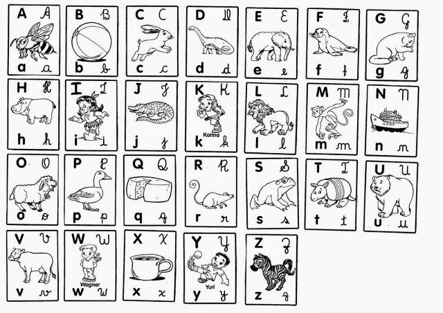 Letras do alfabeto Ilustrado com animais para Colorir e fazer jogos.