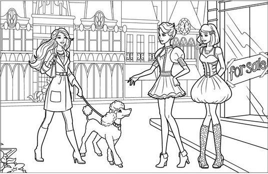 Amigas e a Barbie passeando na cidade com seu cachorro.