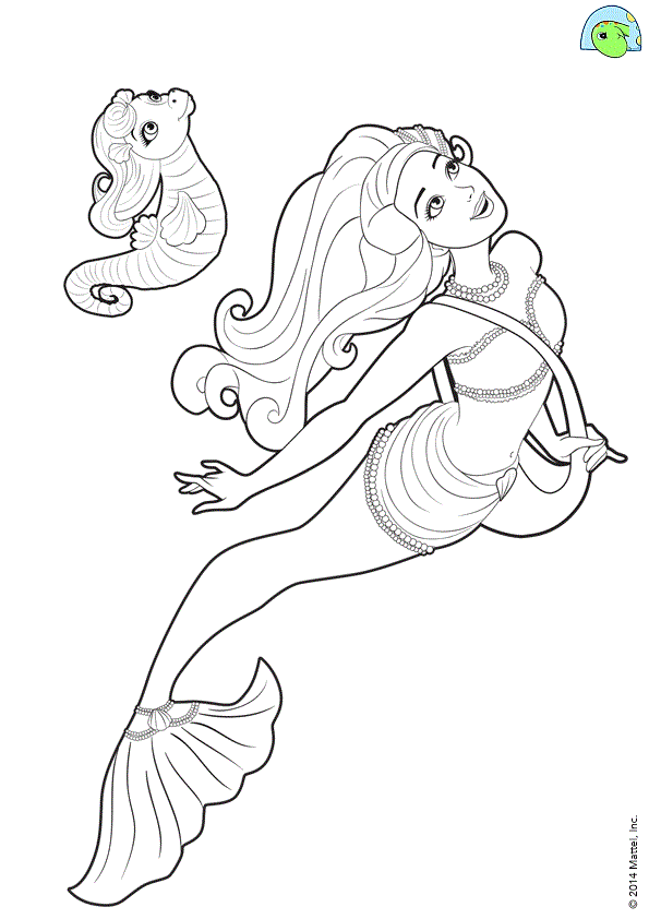 Desenho da Barbie sereia nadando com seu amigo cavalo-marinho.