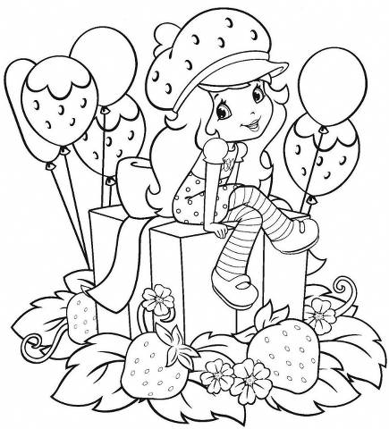 Desenho infantil da moranguinho sentada em um presente com balões.