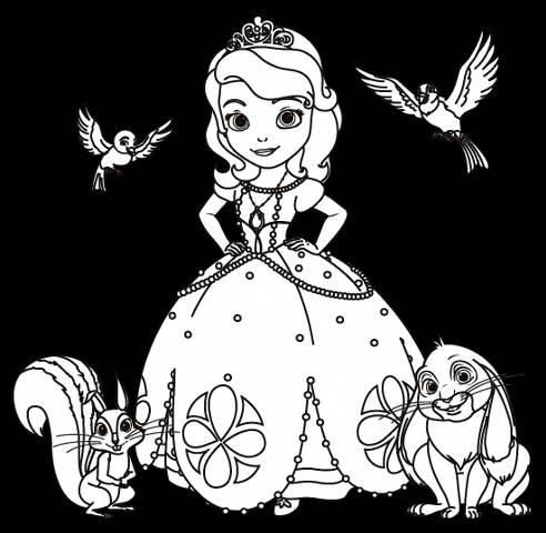 Imagem para pintar de princesa com seus animais e fundo preto.
