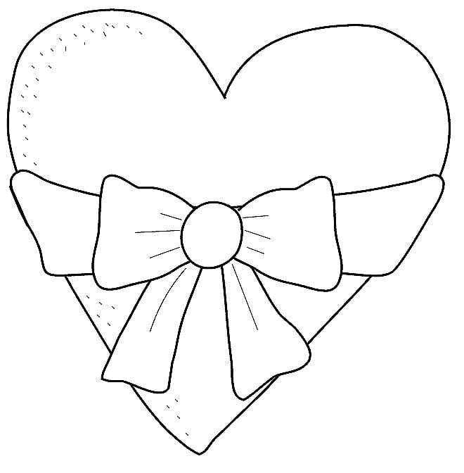 Desenho de coração para colorir com lacinho para cartões.