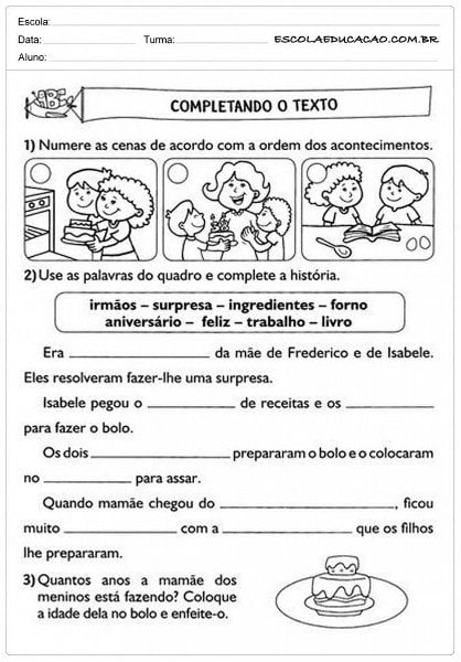 Exercícios de completar textos são muito importantes Atividades de português 2 ano.