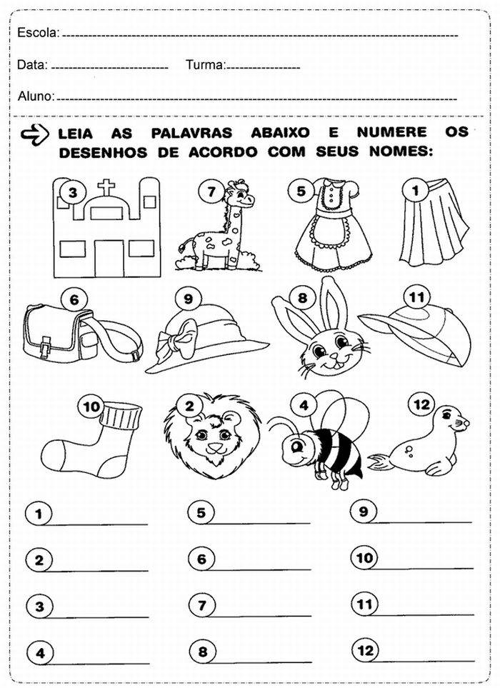Atividades de alfabetização - leitura de palavras e numerar de acordo com o desenho.