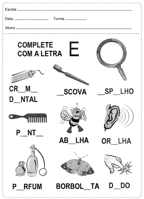 Atividades de português 1º ano da escola para completar o nome dos itens com a primeira letra. 
