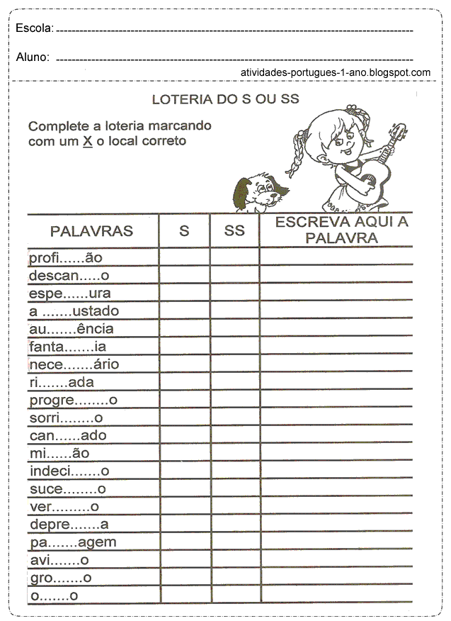 Complete as palavras com S ou SS para Atividades de português em sala de aula.