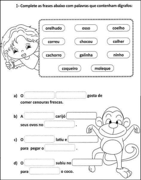 Atividades de português de completar frases com palavras que tiver dígrafos.