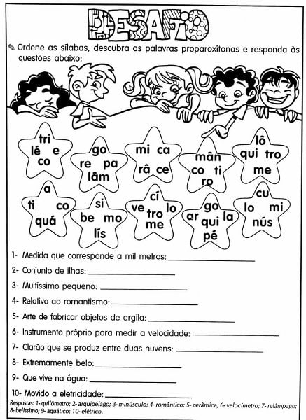 Atividades de português 5 ano de ordenação de sílabas e palavras proparoxítonas.