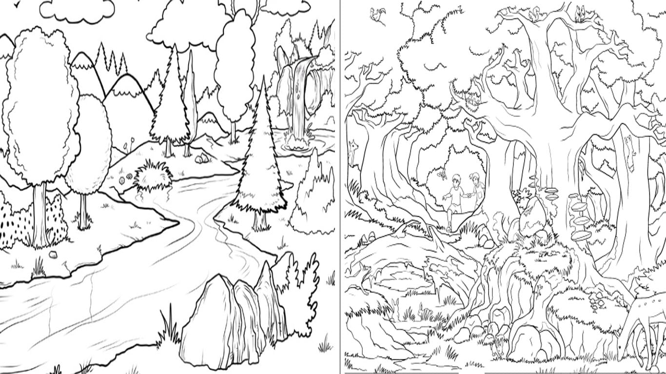 Desenho de floresta para colorir, imprimir e desenhar