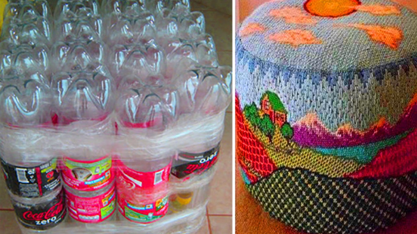 Como fazer Puff de garrafa Pet reciclada passo a passo com capa de crochê