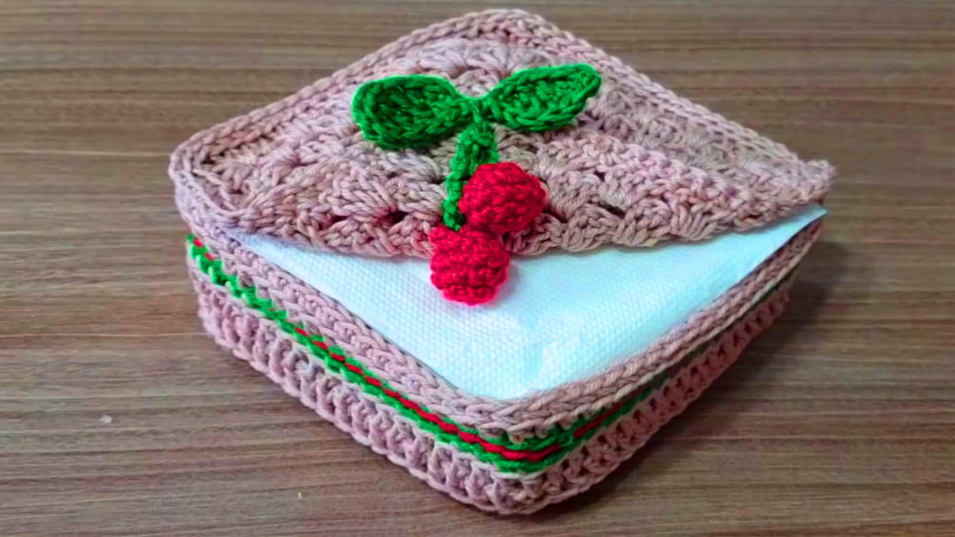 Porta guardanapo de crochê com detalhes de cerejinha, aprenda a fazer