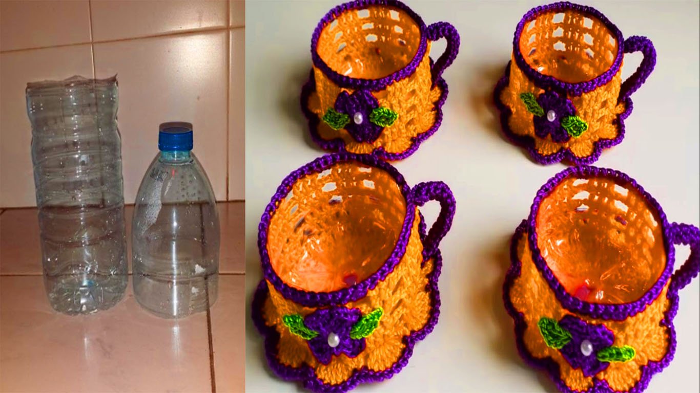 Jogo de xícara no chá de crochê com moldes de garrafas plásticas, vem aprender a fazer
