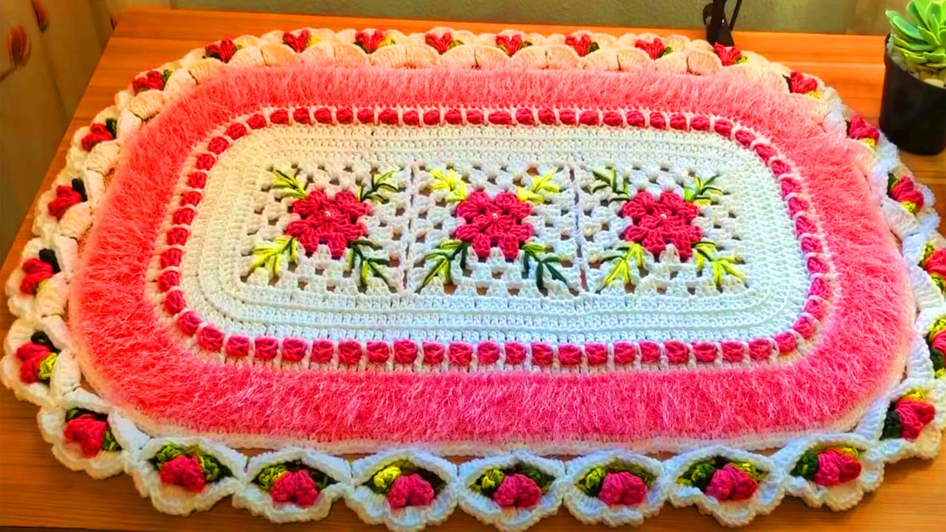 Delicado tapete oval de crochê com bordinha de flores, aprenda como fazer