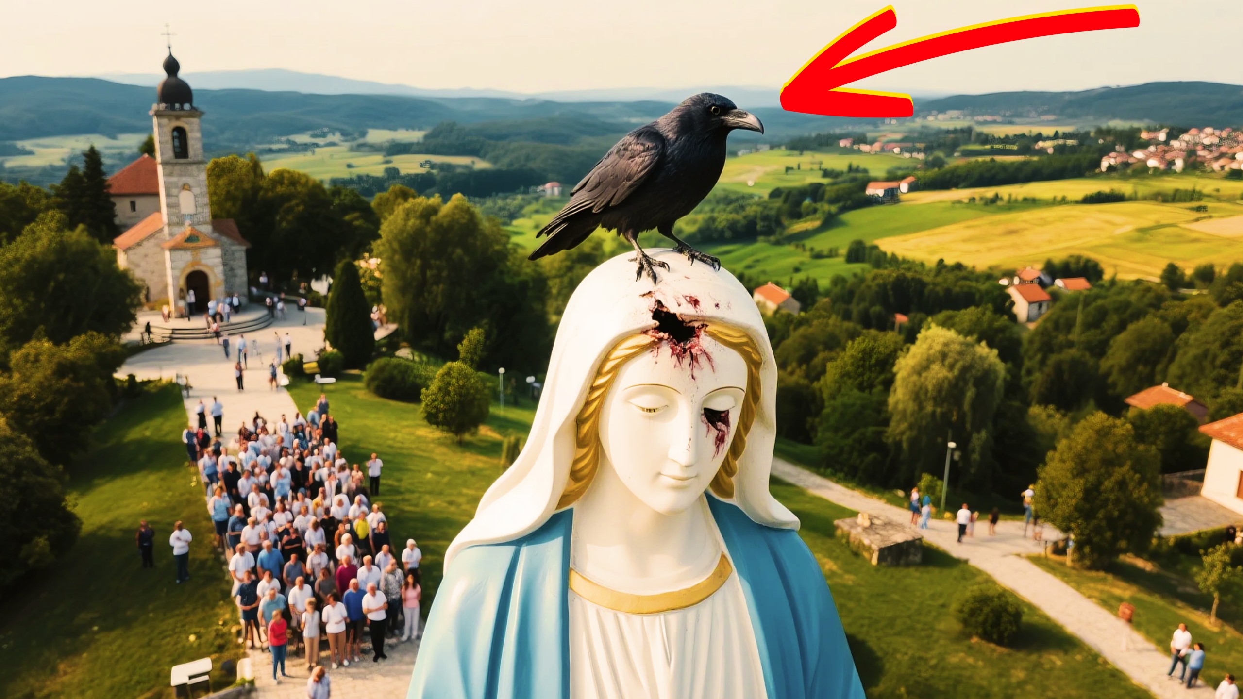 Corvo pousa na cabeça de estátua de Nossa Senhora e pior aconteceu com crentes
