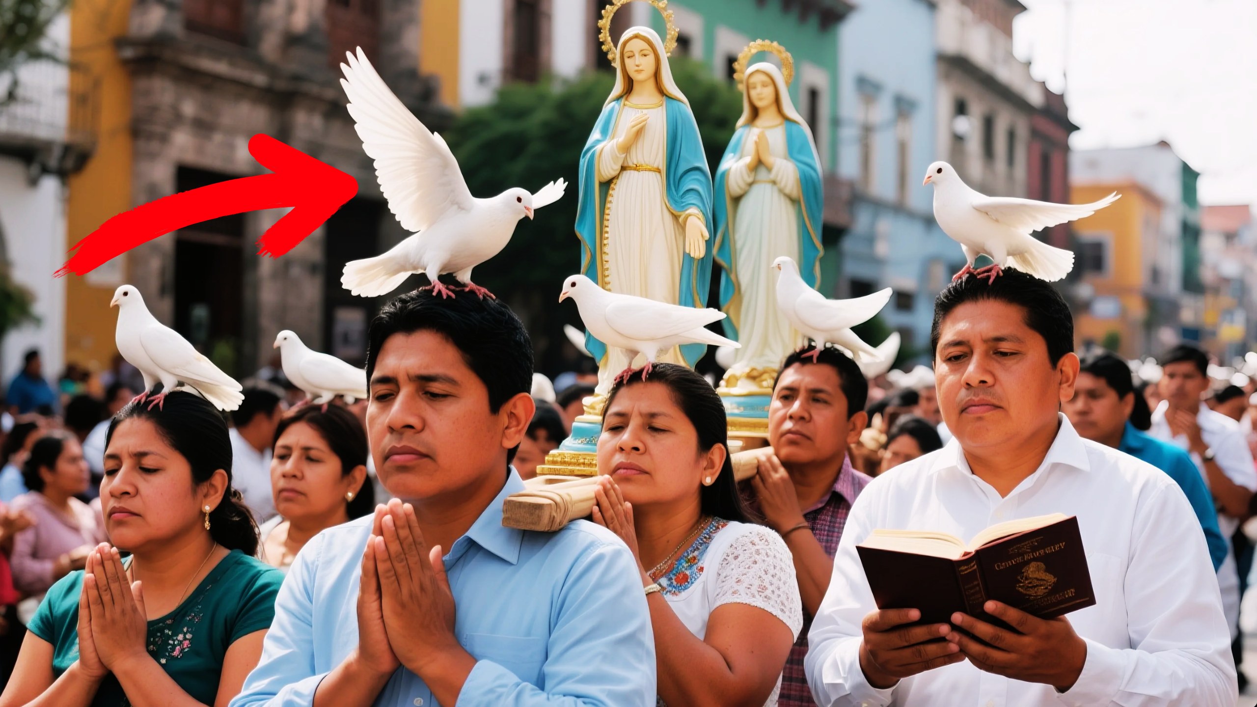 O milagre das pombas brancas que pousaram na cabeça dos crentes em procissão